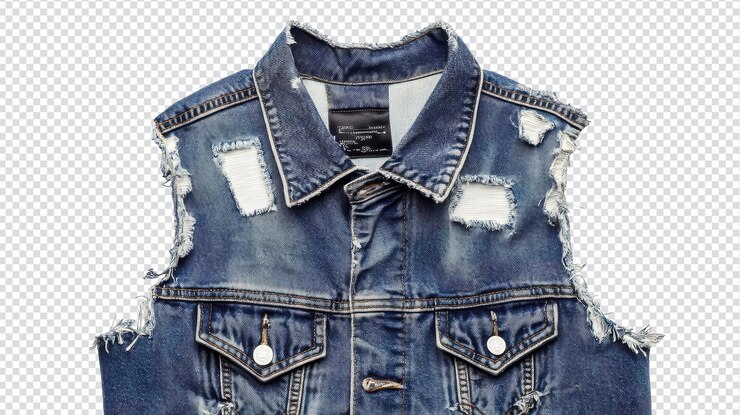 PSD elegante chaleco de denim con bordes desgastados exhibido en un fondo transparente con fines de diseño de moda digital