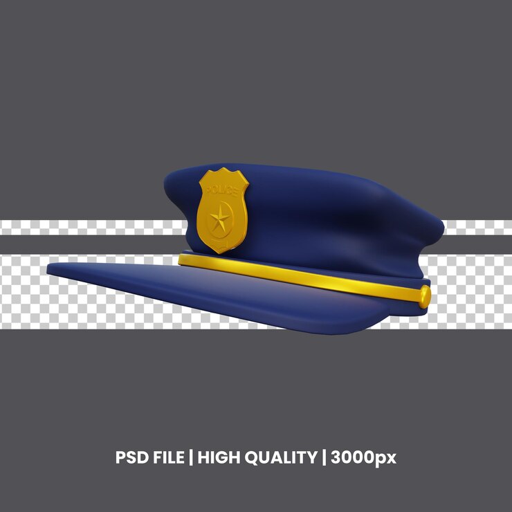 PSD elegante chapéu de polícia azul 3d render com insignia de ouro