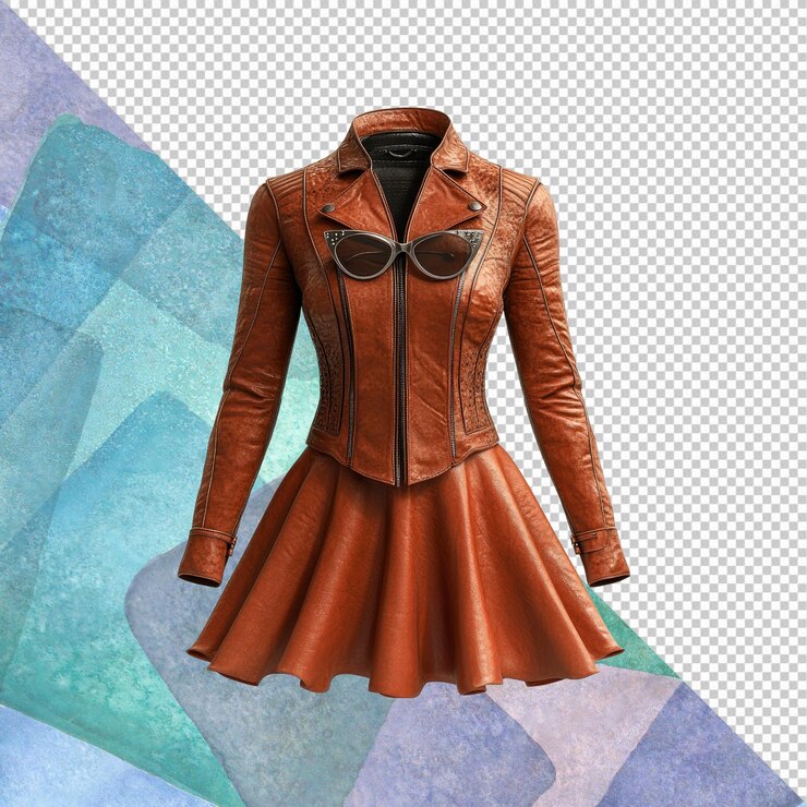PSD elegante chaqueta de cuero marrón y falda conjunto con gafas de sol cateye