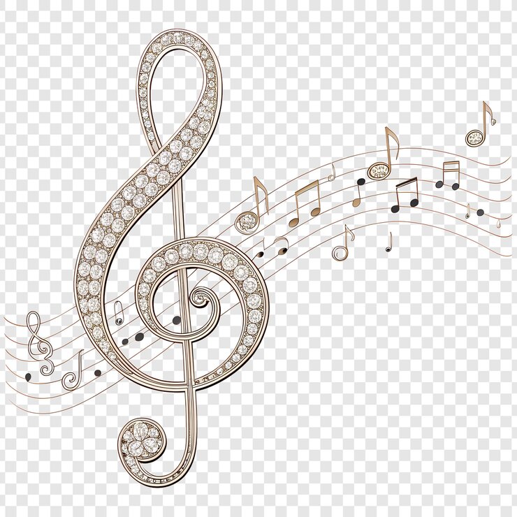 PSD elegante chiave a treble con gemme scintillanti e note musicali