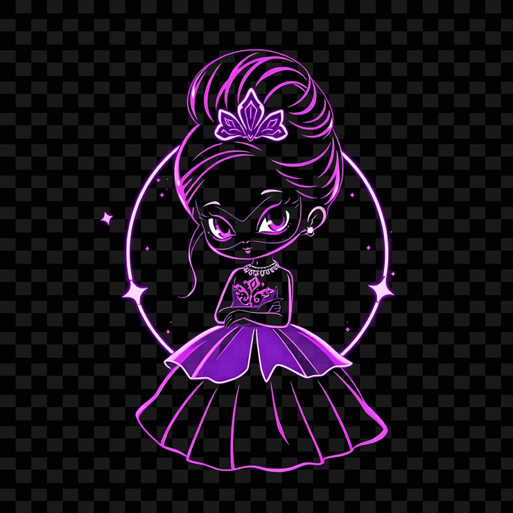 PSD elegante chibi girl com elegante updo ballroom gown máscara de máscara neon púrpura e prata cor