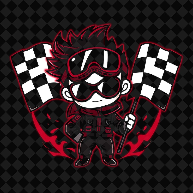 PSD el elegante chico chibi con el cabello barrido hacia atrás y gafas de carreras con bandera a cuadros de neón rojo y azul