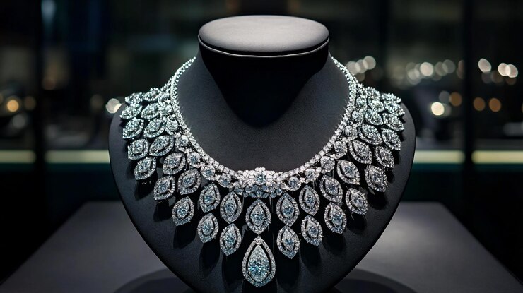 PSD elegante colar de diamantes exibido em um suporte preto