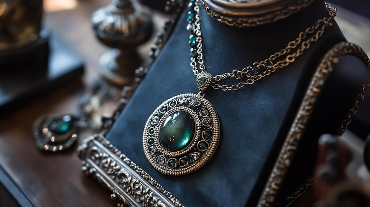 PSD elegante colar de pedra preciosa verde exibido em um suporte de veludo escuro