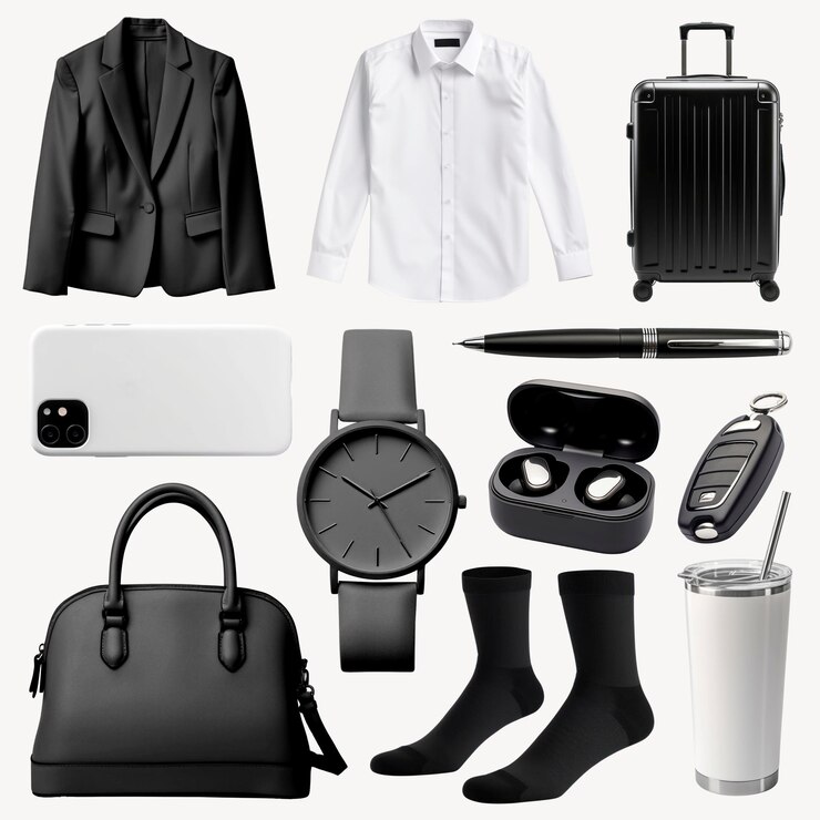 PSD elegante colección de artículos esenciales para viajes