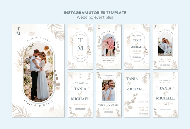 PSD elegante colección de historias de instagram de bodas con vegetación