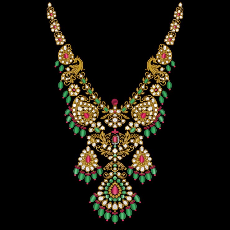Elegante collana d'oro etnico con pietre preziose e perle