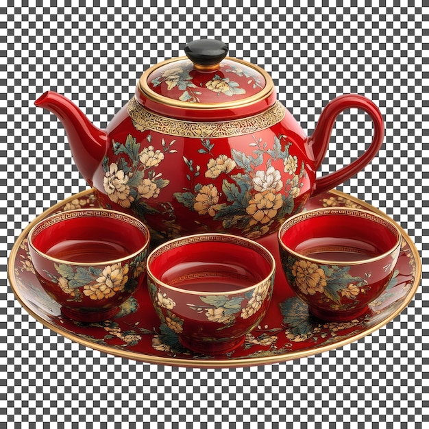 Elegante conjunto de chá floral vermelho isolado em fundo transparente