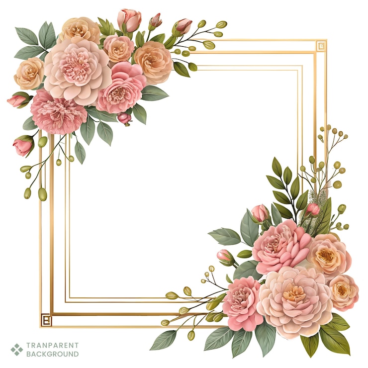 PSD elegante cornice floreale quadrata con rose e dettagli dorati confine decorativo di lusso