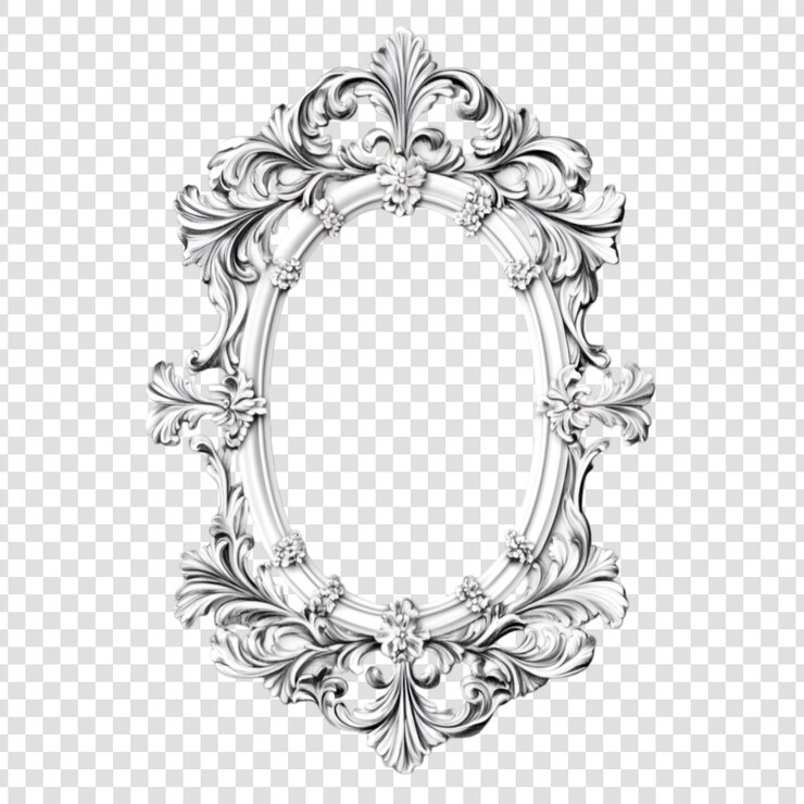 PSD elegante cornice ovale rococò con disegno ornato in argento bianco