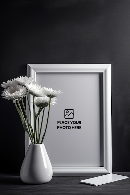 Elegante cornice per foto mockup con pianta rigogliosa su parete nera per un look contemporaneo e sofisticato