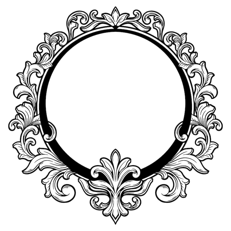 PSD elegante cornice rotonda monocromatica con intricate rotole