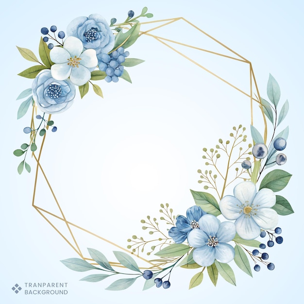 Elegante coroa floral a aquarela com moldura geométrica dourada desenho botânico pintado à mão