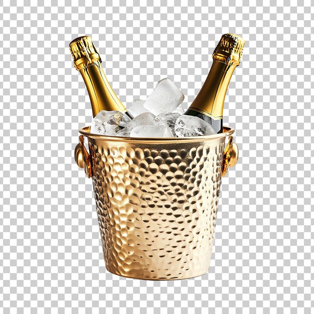 Elegante cubo de champán con dos botellas y hielo sobre un fondo transparente