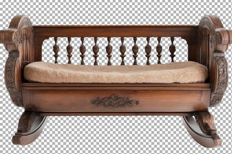 PSD elegante cuna de madera con tallas intrincadas y cojín suave diseñada para bebés en un ambiente acogedor de la guardería