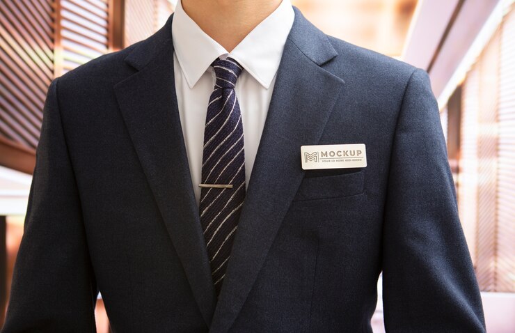 PSD elegante design mock-up con spilla di identificazione metallica