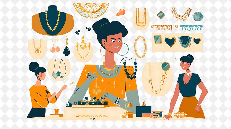 PSD elegante designer de jóias com personagens projetando e criando pessoas png em ilustração de trabalho diário