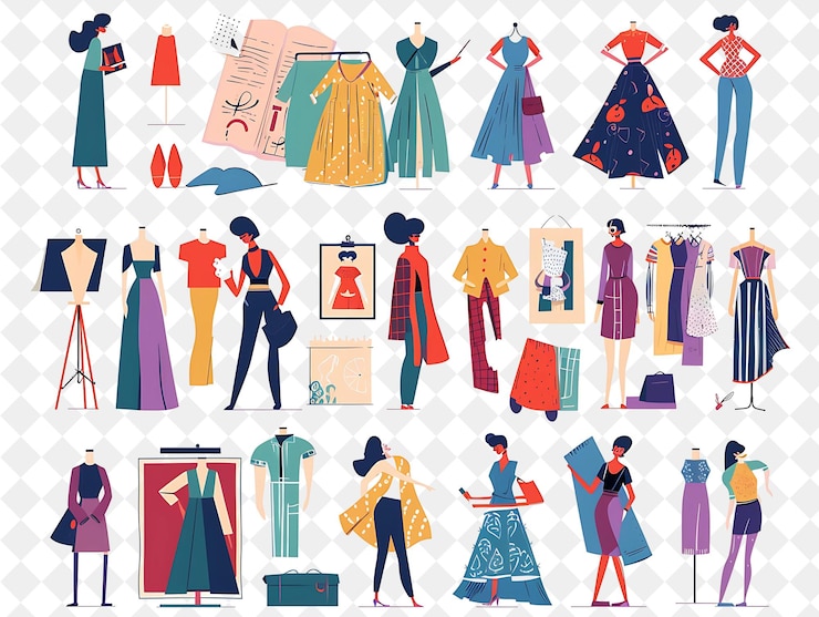 PSD elegante designer de moda com personagens esboçando vestidos de png em ilustração de trabalho diário