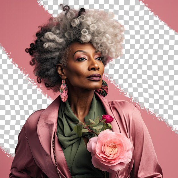 PSD elegante designer gráfico africano de rochas seniores com cabelo pervertido posa contra fundo de rosas pastel