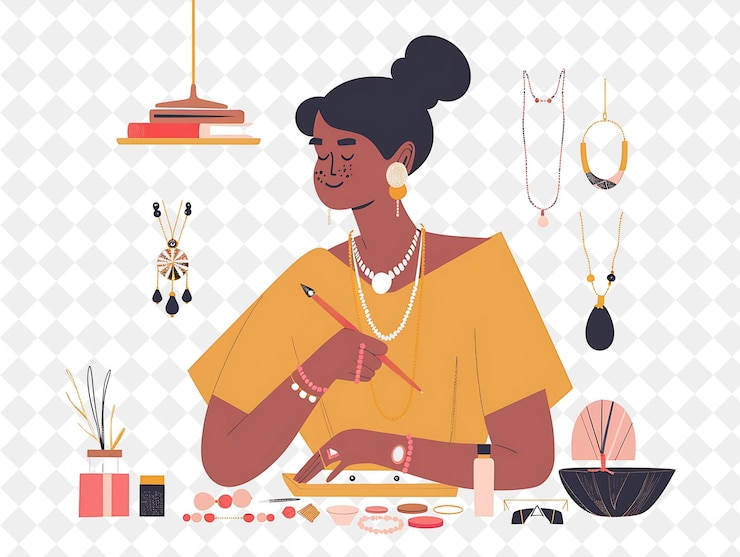 PSD elegante diseñador de joyas con personajes diseñando y artesanía png personas en la ilustración de trabajo diario