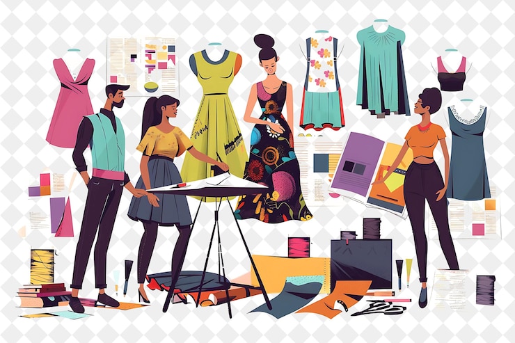 PSD elegante diseñador de moda con personajes dibujando vestidos a una gente de png en la ilustración de trabajo diario