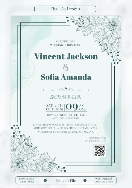 Elegante diseño de volante de invitaciones florales para bodas
