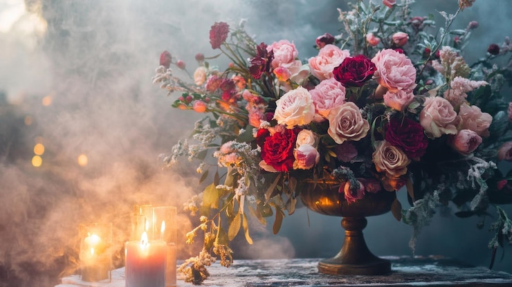 PSD elegante disposizione floreale in antico vaso d'oro con candele sullo sfondo di umore