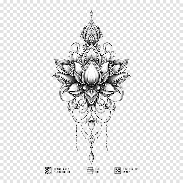 elegante e intricato disegno di tatuaggio a disegno damasco nero con sfondo trasparente