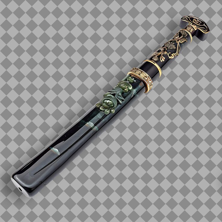 PSD elegante ébano manejado tonfa incrustado con jade y diseñado para png activo de juego en fondo limpio