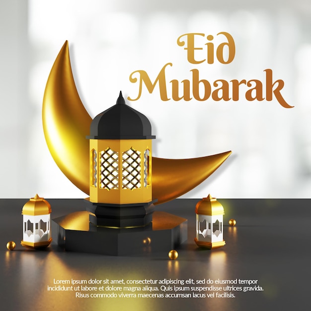 Elegante eid mubarak saludo publicación en redes sociales en 3d