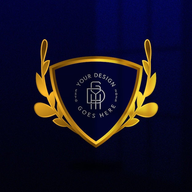 Elegante emblema de escudo de ouro com coroa de louro para marca premium