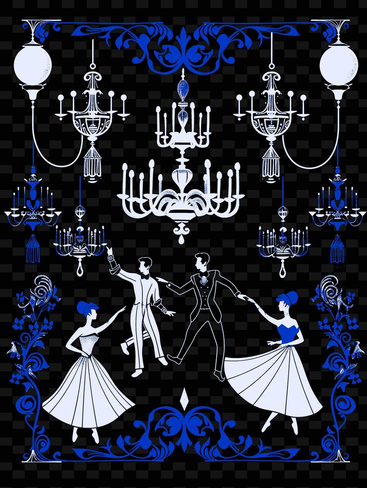 PSD elegante escena de salón de baile con bailarines y candelabros art nouveau diseños de ideas de ilustración creativa