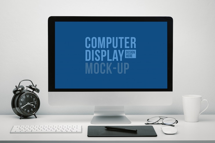 PSD elegante espacio de trabajo con computadora con pantalla en blanco