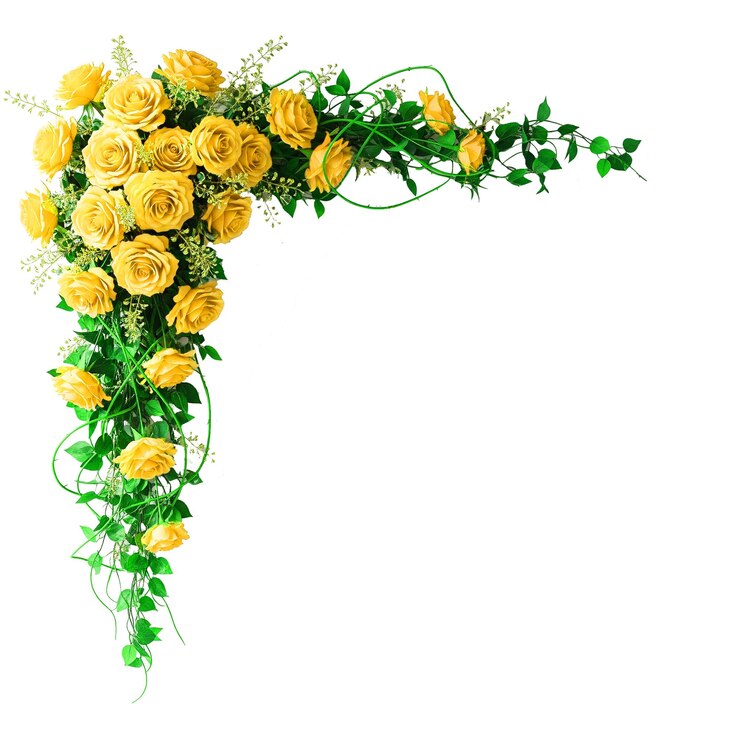 PSD elegante esquina arreglada con rosas amarillas y vegetación