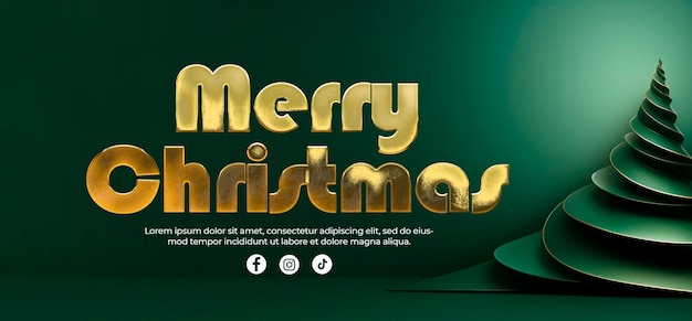 Elegante estandarte geométrico del árbol de Navidad con texto dorado sobre un fondo verde