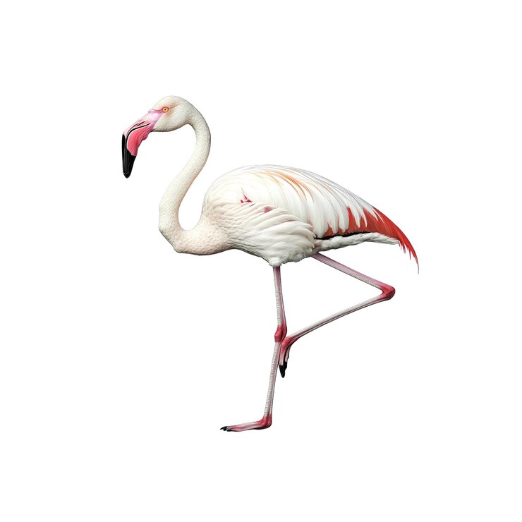 PSD el elegante flamenco de pie en una pierna contra un fondo blanco
