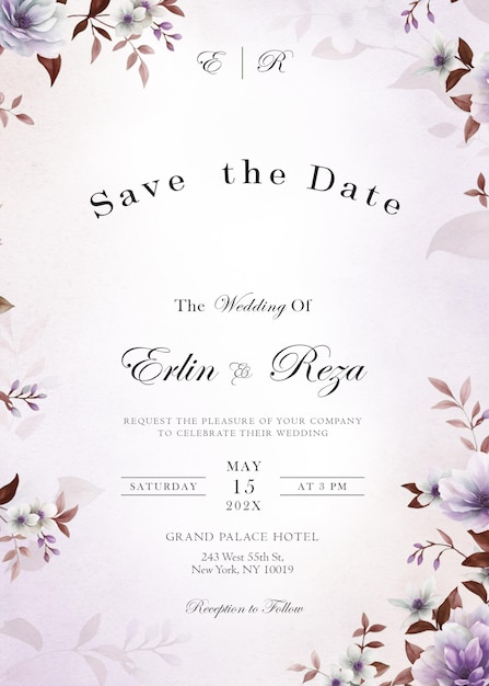 Elegante floral Guarde la fecha Invitación de boda con acentos púrpuras