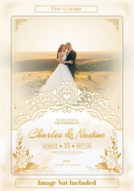Elegante folleto de invitación de boda con acentos dorados