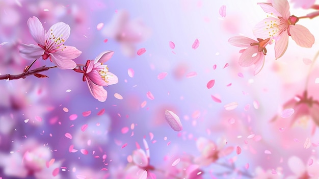 Elegante fundo de primavera com flores de cerejeira e pétalas voadoras