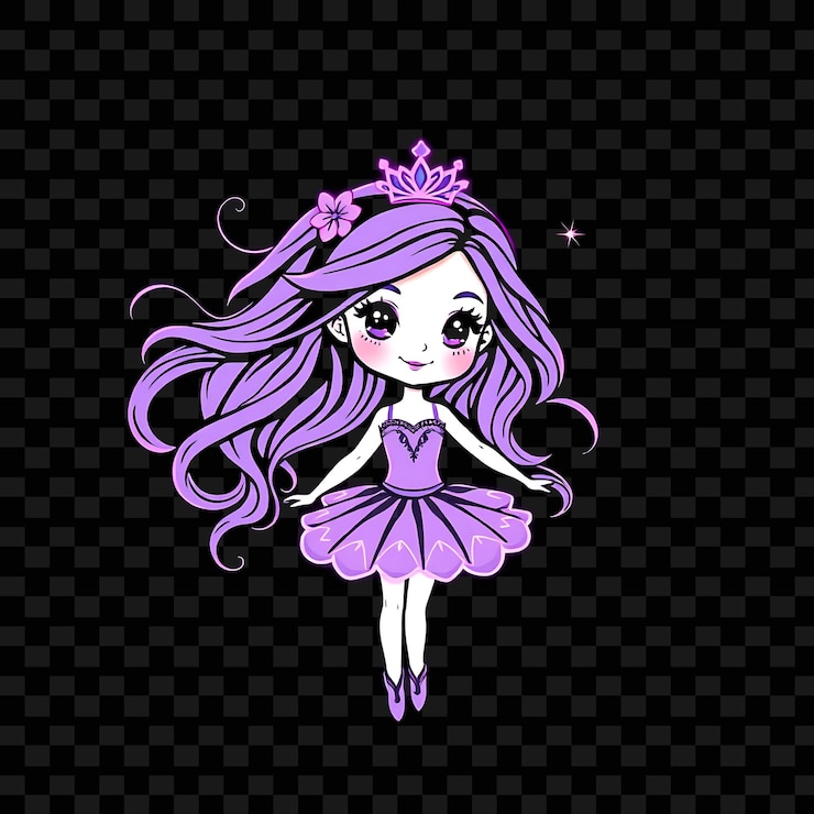 PSD elegante garota chibi com cabelo ondulado fluindo roupa de bailarina brilhante tiara néon suave cor de lavanda