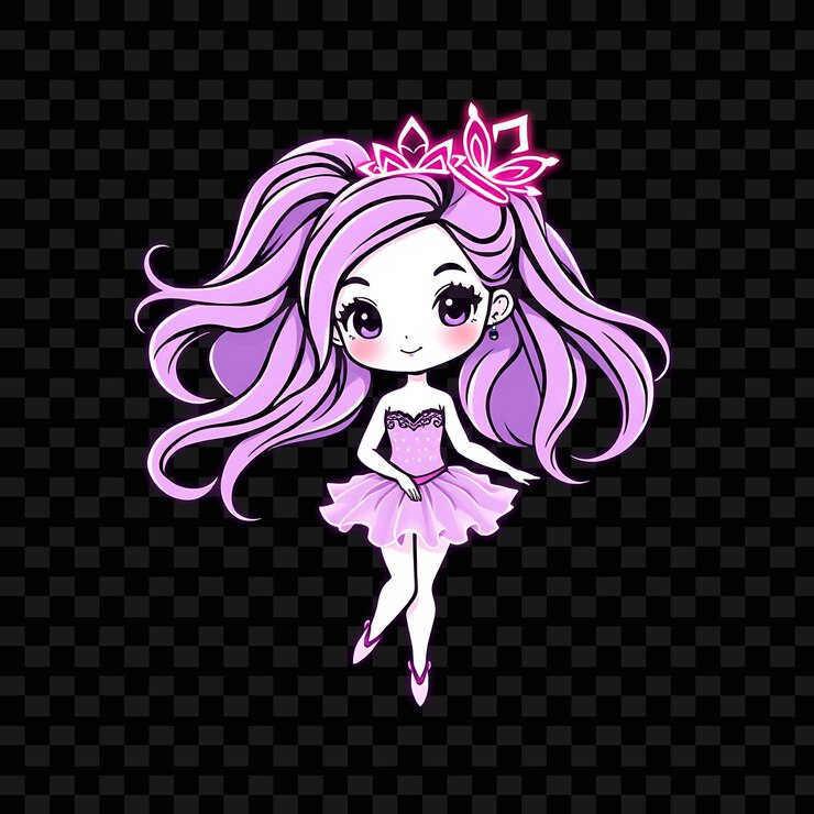 PSD elegante garota chibi com cabelo ondulado fluindo roupa de bailarina brilhante tiara néon suave cor de lavanda