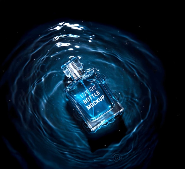 Elegante garrafa de perfume azul em água Mockup de fragrância de luxo