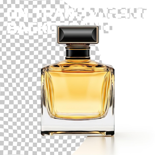 Elegante garrafa transparente de perfume amarelo com tampa preta isolada em um fundo transparente levitação sem pessoas