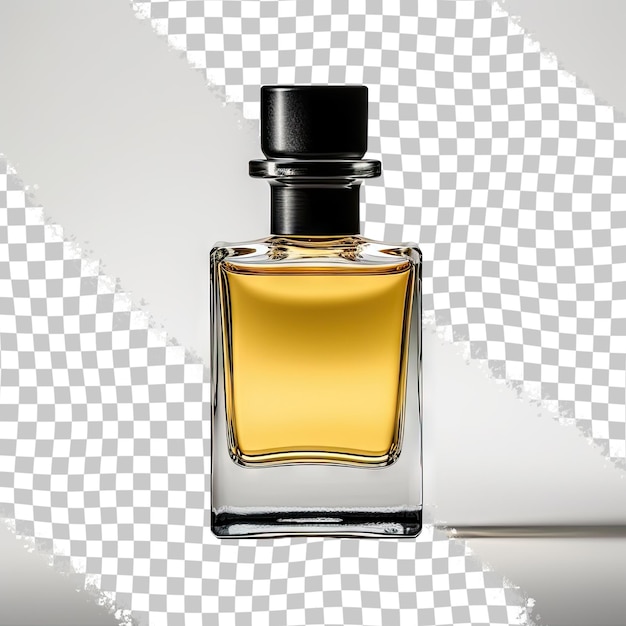 Elegante garrafa transparente de perfume amarelo com tampa preta isolada em um fundo transparente levitação sem pessoas