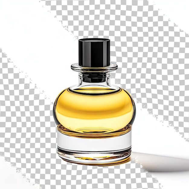 Elegante garrafa transparente de perfume amarelo com tampa preta isolada em um fundo transparente levitação sem pessoas