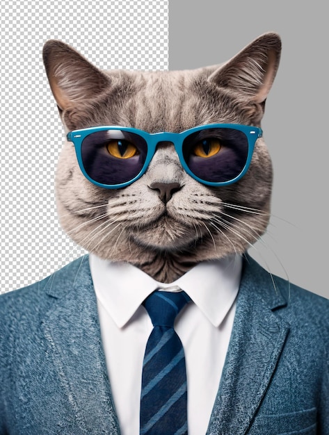 PSD elegante gato británico en traje y gafas de sol humor de negocios en un fondo transparente