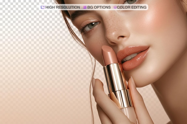 Elegante Hand hält luxuriösen Lippenstift vor einem weichen, verschwommenen Hintergrund
