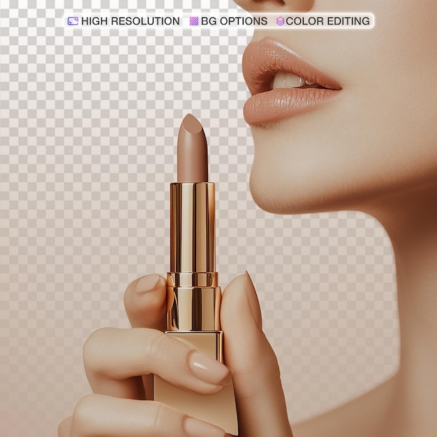 Elegante Hand hält luxuriösen Lippenstift vor einem weichen, verschwommenen Hintergrund