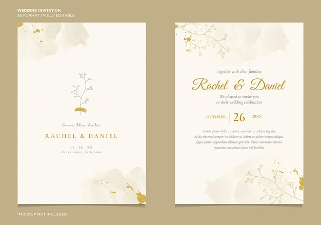 Elegante hochzeitseinladung mit botanischer linienillustration und abstrakter wasserfarbe