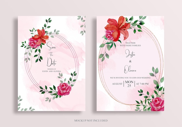 Elegante hochzeitseinladungskarte mit handzeichnungsblume und blättern psd